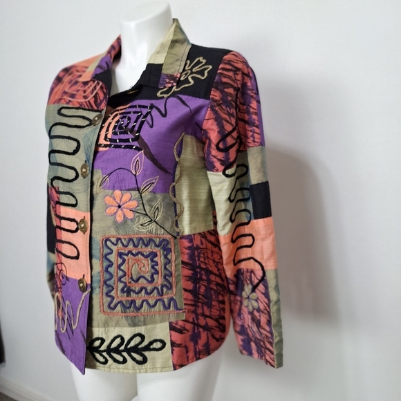 Alex Kim Multicolor Embroidered Floral Patchwork Bohemian Art to Wear Jacket- M - Picture 4 of 13